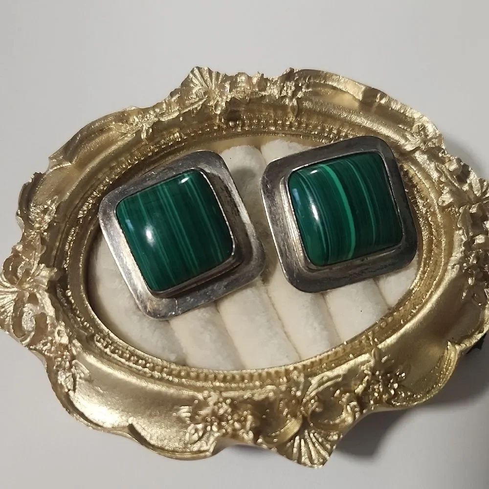 Green and Sterling Silver Square Earrings 925 Mexico